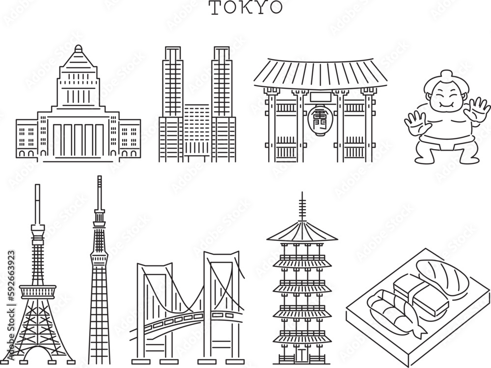 東京の有名な観光地のロゴアイコンセット