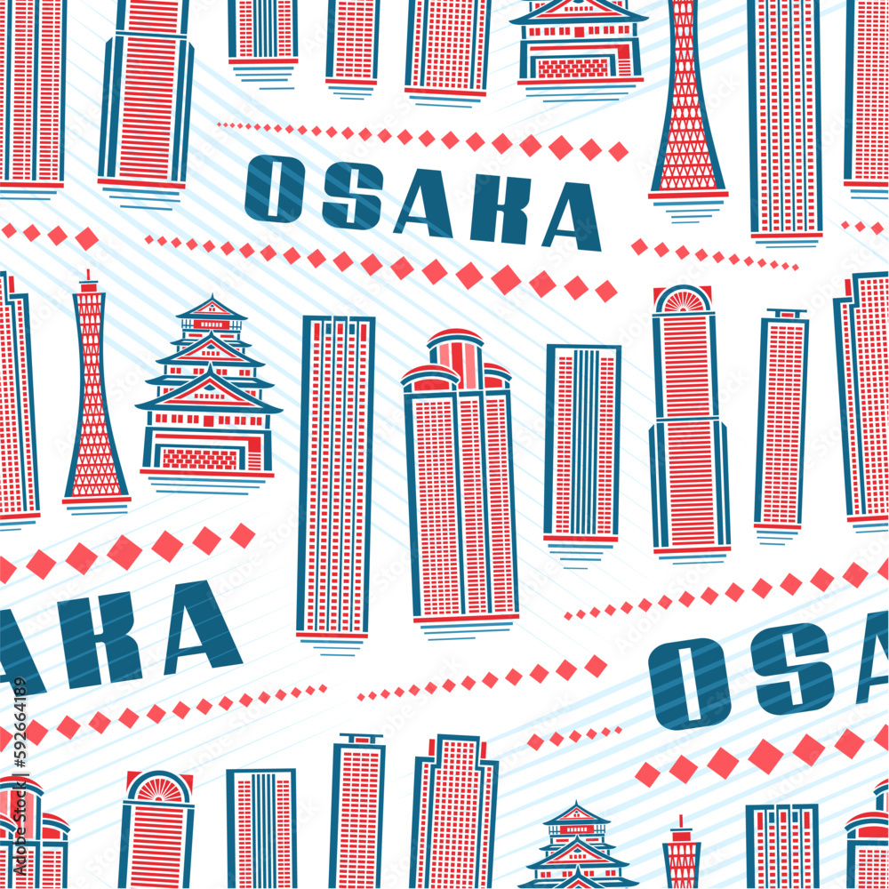 Fototapeta premium Vector Osaka Seamless Pattern, square repeating background with illustration of famous osaka city scape on white background for wrapping paper, decorative line art urban poster with blue text osaka