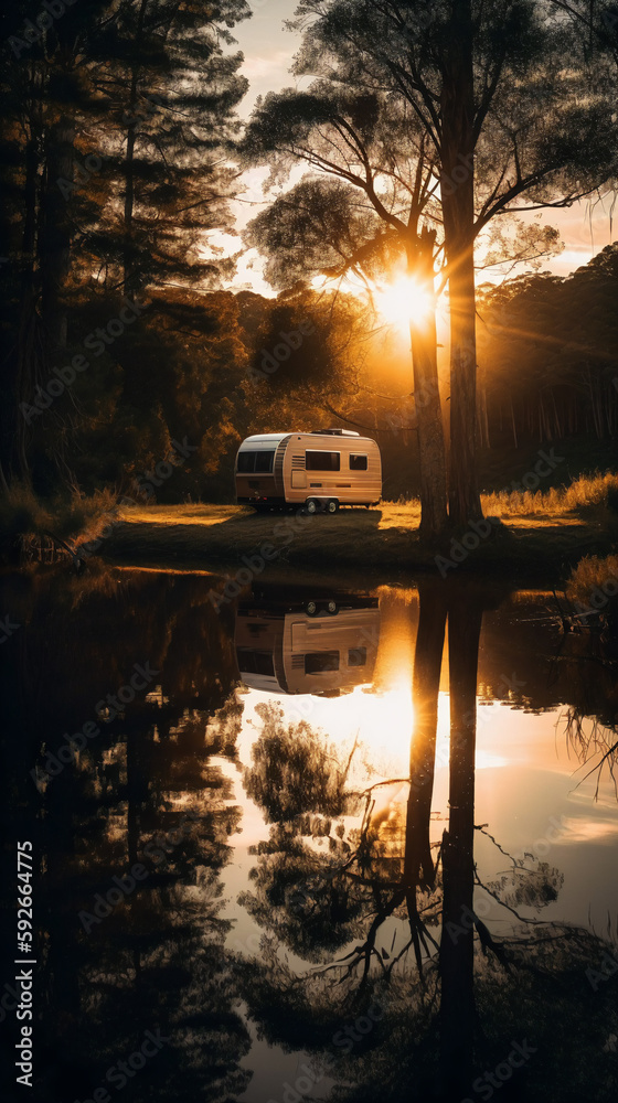 A lone camper van near by a lake, the calm water reflecting the surrounding trees, the sun setting in the background, casting a golden glow over the scene A lone camper van near by a lake, the calm water reflecting the surrounding trees, the sun setting in the background, casting a golden glow over the scene
