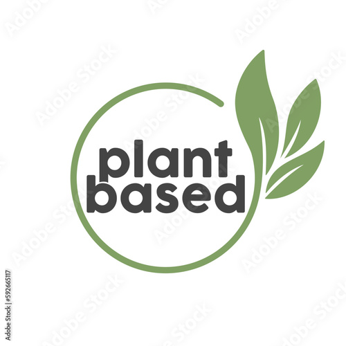 Plant based logo. Circular shape base with plant leaf. Vegan and vegetarian friendly badge.