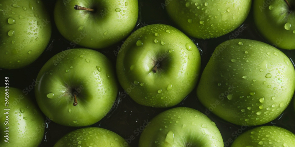 Green apples on a counter in the supermarket. Banner created with ai generative tools Green apples on a counter in the supermarket. Banner created with ai generative tools