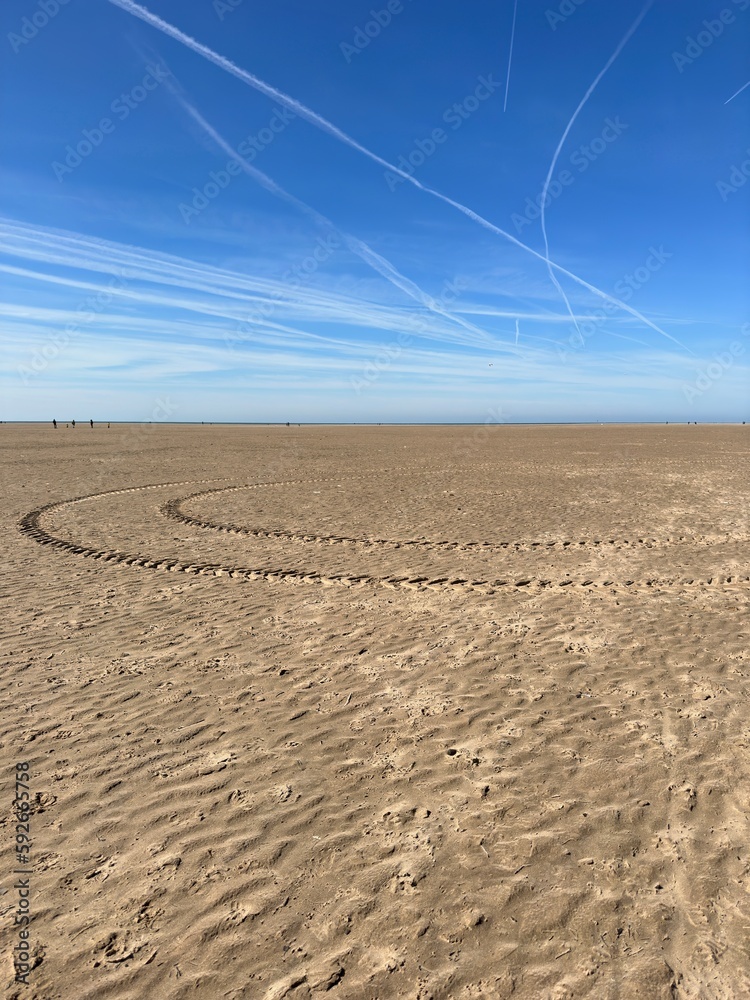 Naklejka premium Vehicle tracks on the beach with a blue sky background. Low angle view. 