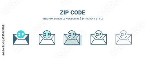 zip code icon in 5 different style. Outline, filled, two color, thin zip code icon isolated on white background. Editable vector can be used web and mobile