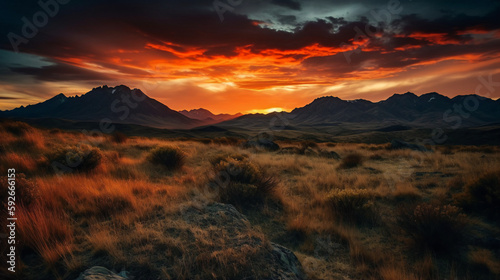 A stunning landscape photo of a mountain range at sunset, with vibrant colors and a dramatic sky © visionart