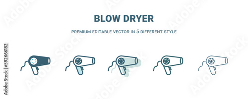 blow dryer icon in 5 different style. Outline, filled, two color, thin blow dryer icon isolated on white background. Editable vector can be used web and mobile