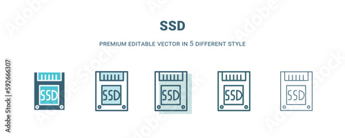 ssd icon in 5 different style. Outline, filled, two color, thin ssd icon isolated on white background. Editable vector can be used web and mobile