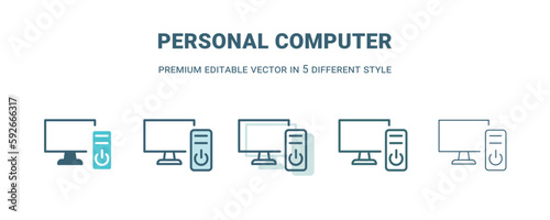 personal computer icon in 5 different style. Outline, filled, two color, thin personal computer icon isolated on white background. Editable vector can be used web and mobile