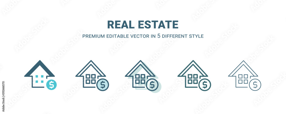 real estate icon in 5 different style. Outline, filled, two color, thin real estate icon isolated on white background. Editable vector can be used web and mobile real estate icon in 5 different style. Outline, filled, two color, thin real estate icon isolated on white background. Editable vector can be used web and mobile