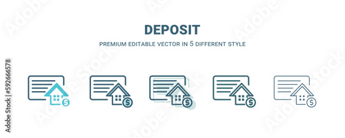 deposit icon in 5 different style. Outline, filled, two color, thin deposit icon isolated on white background. Editable vector can be used web and mobile