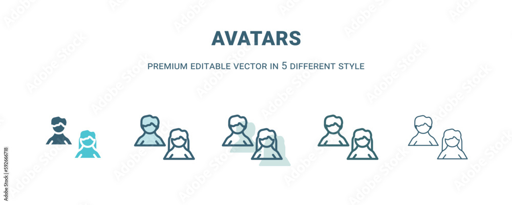 avatars icon in 5 different style. Outline, filled, two color, thin avatars icon isolated on white background. Editable vector can be used web and mobile avatars icon in 5 different style. Outline, filled, two color, thin avatars icon isolated on white background. Editable vector can be used web and mobile