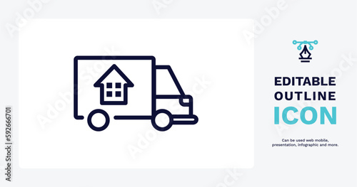 moving truck icon. Thin line moving truck icon from real estate industry collection. Outline vector isolated on white background. Editable moving truck symbol can be used web and mobile
