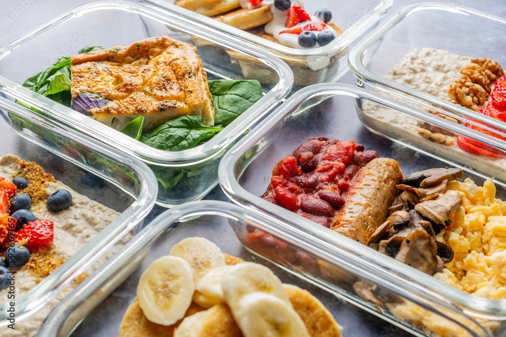 Closeup shot of different healthy breakfast options in the glass container