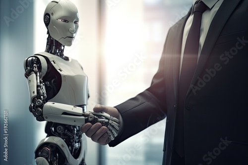 Business Gespräch, schöne Szene mit einem Roboter, der einem Mann im Anzug die Hand schüttelt, Generative AI