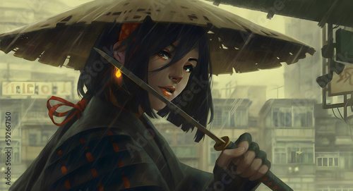 A beautiful anime girl with short hair, a ninja warrior with a sword, anime wallpaper, HD Wallpaper, Generative AI photo