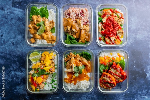 Top view of different healthy lunch meals in glass containers