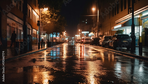The streets were wet because of the rain at night
