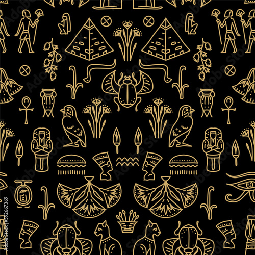 Vector tribal cover background, decorative african seamless, geometric ethnic Egypt backdrop. Bright orange and black art decoration illustration