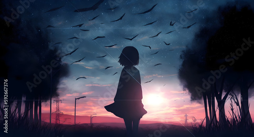 cute girl standing on the mountain in the night, silhouette of a girl in a night, woman in the dark, woman in the night, person in the night, digital art, wallpaper, Generative AI