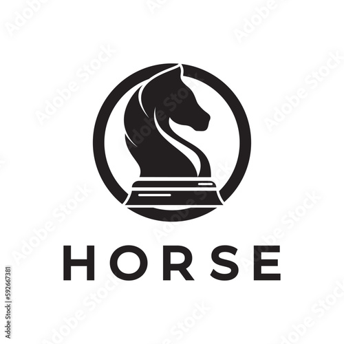 Chess strategy game logo with horse, king, pawn, minister and rook. Logo for chess tournament, chess team, chess championship, chess game application.
