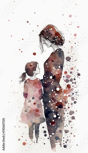 Watercolor Illustration of Mother and Child Surrounded by Hearts - Mother's Day Concept