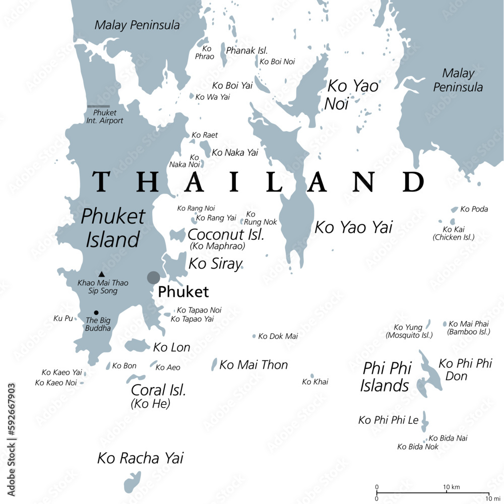 Phuket, largest Island of Thailand, gray political map, with surrounding area. Popular tourist region, with plenty of islands, south of Malay Peninsula, in the Andaman Sea, north of Strait of Malacca.