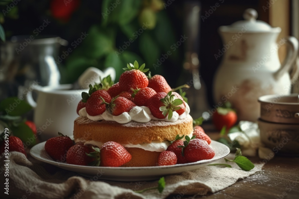 Illustration of a delicious strawberry cake with fresh fruit on top created with Generative AI technology Illustration of a delicious strawberry cake with fresh fruit on top created with Generative AI technology
