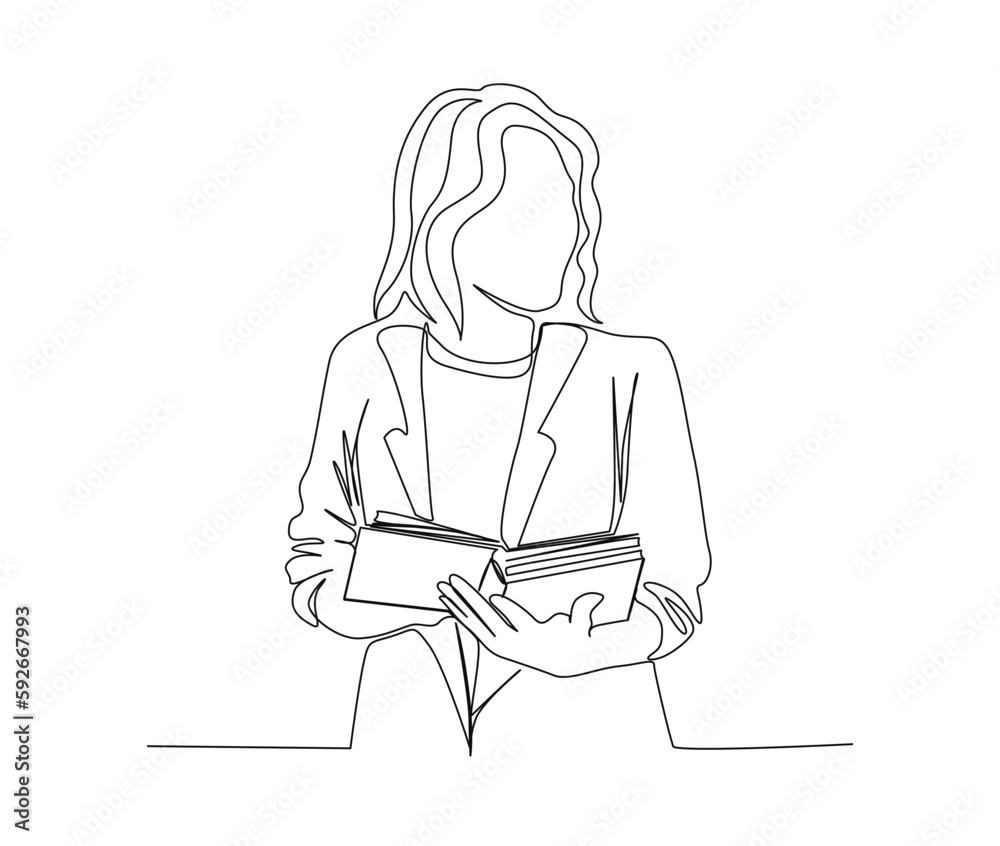 Continuous line art drawing of young woman reading a book. Woman holding book single line art drawing vector illustration. Editable stroke. Continuous line art drawing of young woman reading a book. Woman holding book single line art drawing vector illustration. Editable stroke.