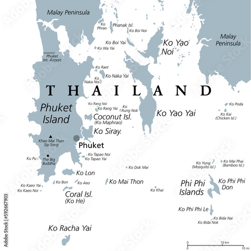 Phuket, largest Island of Thailand, gray political map, with surrounding area. Popular tourist region, with plenty of islands, south of Malay Peninsula, in the Andaman Sea, north of Strait of Malacca.