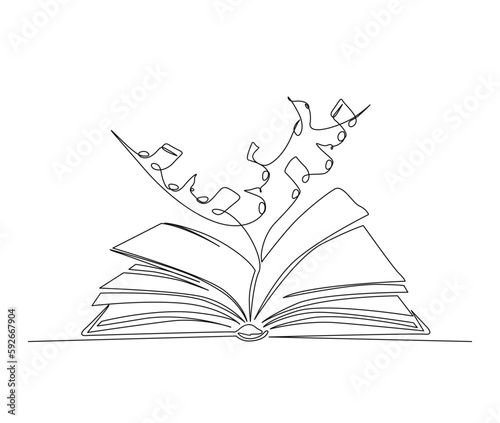 Continuous line art drawing of book with music note. Music note out from opened book single line art drawing vector illustration. Editable stroke.
