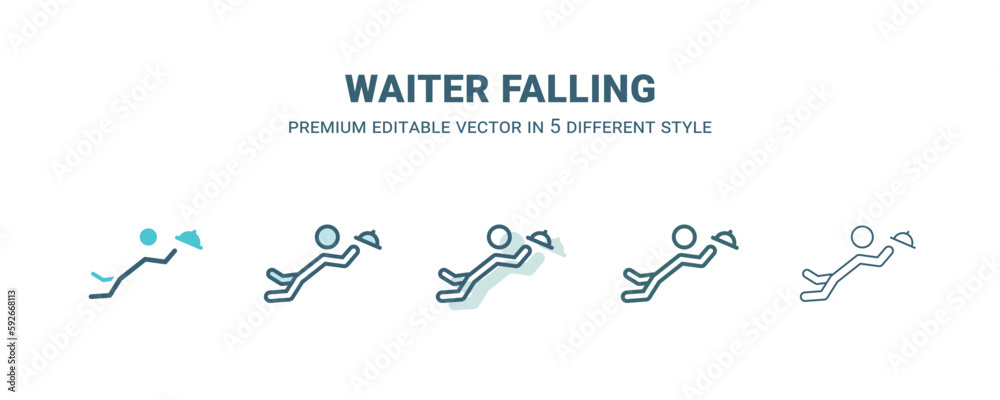 waiter falling icon in 5 different style. Outline, filled, two color, thin waiter falling icon isolated on white background. Editable vector can be used web and mobile waiter falling icon in 5 different style. Outline, filled, two color, thin waiter falling icon isolated on white background. Editable vector can be used web and mobile