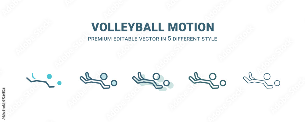 volleyball motion icon in 5 different style. Outline, filled, two color, thin volleyball motion icon isolated on white background. Editable vector can be used web and mobile