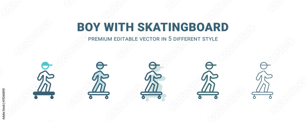 boy with skatingboard icon in 5 different style. Outline, filled, two color, thin boy with skatingboard icon isolated on white background. Editable vector can be used web and mobile