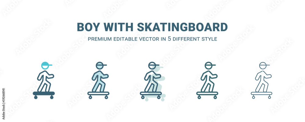 boy with skatingboard icon in 5 different style. Outline, filled, two color, thin boy with skatingboard icon isolated on white background. Editable vector can be used web and mobile boy with skatingboard icon in 5 different style. Outline, filled, two color, thin boy with skatingboard icon isolated on white background. Editable vector can be used web and mobile