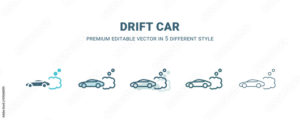 drift car icon in 5 different style. Outline, filled, two color, thin drift car icon isolated on white background. Editable vector can be used web and mobile