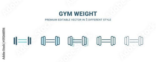 gym weight icon in 5 different style. Outline, filled, two color, thin gym weight icon isolated on white background. Editable vector can be used web and mobile