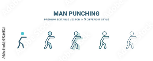 man punching icon in 5 different style. Outline, filled, two color, thin man punching icon isolated on white background. Editable vector can be used web and mobile
