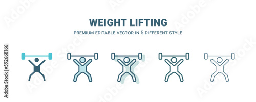 weight lifting icon in 5 different style. Outline, filled, two color, thin weight lifting icon isolated on white background. Editable vector can be used web and mobile