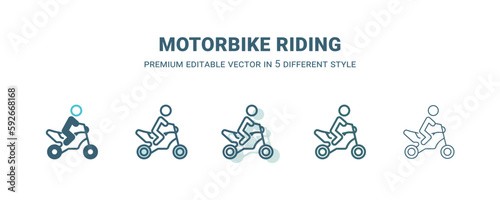 motorbike riding icon in 5 different style. Outline, filled, two color, thin motorbike riding icon isolated on white background. Editable vector can be used web and mobile