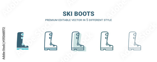 ski boots icon in 5 different style. Outline  filled  two color  thin ski boots icon isolated on white background. Editable vector can be used web and mobile