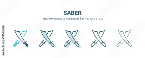 saber icon in 5 different style. Outline, filled, two color, thin saber icon isolated on white background. Editable vector can be used web and mobile