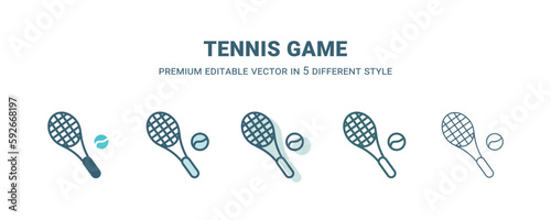 tennis game icon in 5 different style. Outline, filled, two color, thin tennis game icon isolated on white background. Editable vector can be used web and mobile