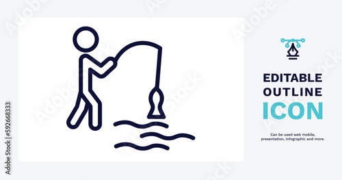 fisher fishing icon. Thin line fisher fishing icon from sport and games collection. Outline vector isolated on white background. Editable fisher fishing symbol can be used web and mobile