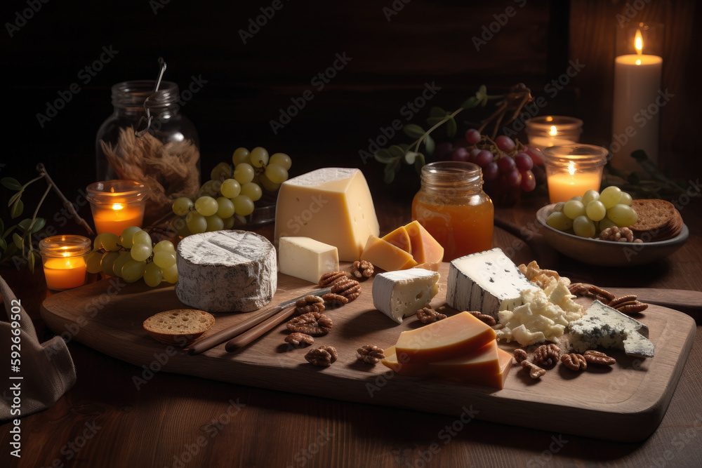Different kinds of cheeses with grapes on wooden board created with AI