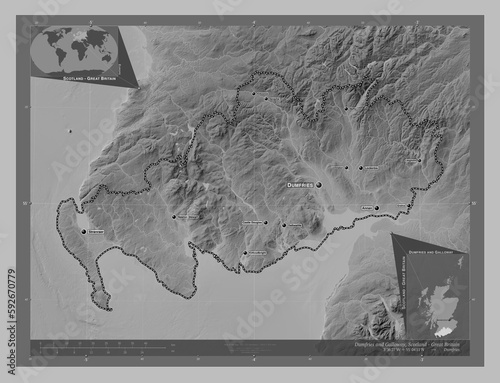 Dumfries and Galloway, Scotland - Great Britain. Grayscale. Labelled points of cities photo