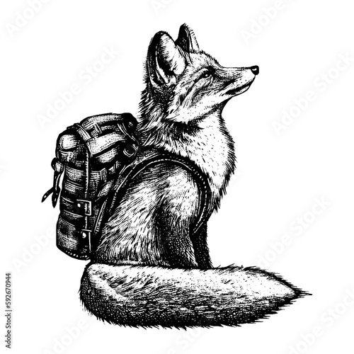 cute fox traveler with a backpack, adventurous travel sketch illustration 