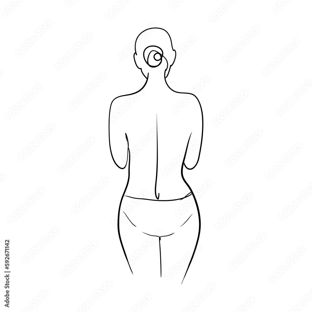 Fototapeta premium A beautiful woman in a bikini stands with her back. Stock vector illustration isolated on white background.