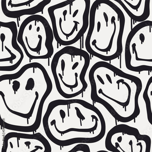 Groovy smile seamless pattern in Urban street art style. Black and white street print. Graphic underground unisex design for t-shirts. Hipster retrowave with 90s style. Psychedelic rave background.