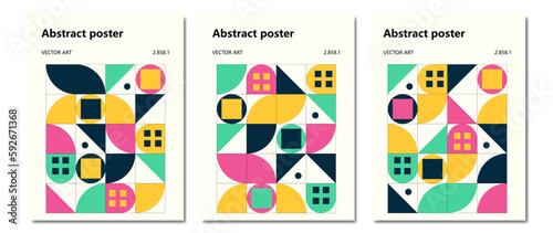 Set of colorful vector posters in modern geometric style. Geometric graphics and abstract shapes with vibrant colors. Banner template with geometric grid bright illustration for presentation, poster