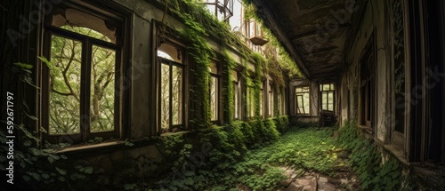Abandoned building that has been reclaimed by nature, overgrown with plants, vines, and trees. Generative AI
