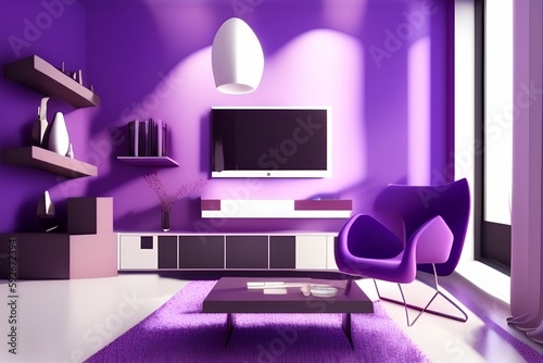purple room. Chair, TV cabinet lamp and blank wall. Modern design interior. - generative ai 